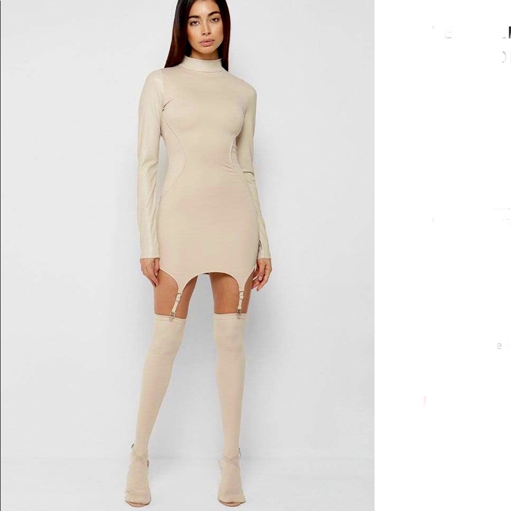 Beige Vegan Leather Dress with Over The Knee Socks Thumb Holes On Sleeves